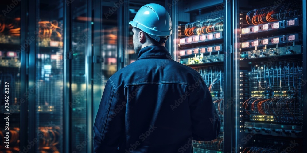 Poster a focused electrical engineer inspects intricate control panels at a power station, surrounded by co