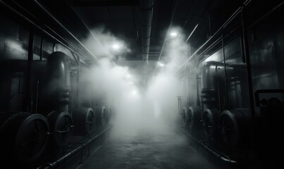 A mysterious chamber shrouded in steam and fog, where shapes materialize from the mist, unveiling unseen products. Generative AI.