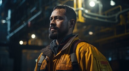 A skilled petroleum engineer in a yellow jacket oversees drilling operations, showcasing the technical nature of the job. Generative AI.