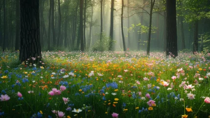 Rolgordijnen Spring field of flowers in the middle of a forest © Nikodem