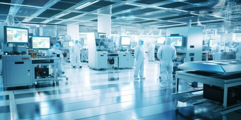 A factory with people working on computers. Generative AI.