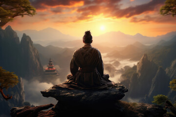 A person meditating at sunrise on a mountain top, symbolizing peace and self-discovery. Generative Ai. - obrazy, fototapety, plakaty