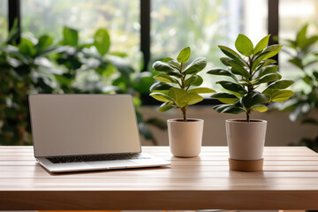 A minimalist home office setup with a laptop and plants, representing the trend of remote work. Generative Ai.