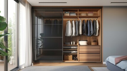 Wardrobe - Sliding doors. Modern interior, 3D illustration