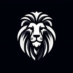 The image is a monochromatic representation of a stylized lion's head, with a design that uses negative space and geometric shapes to create the features of the lion against a dark background.