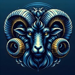 his image depicts a highly stylized and ornate portrait of a ram with intricate blue and gold horns, set against a dark background with celestial elements above.