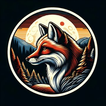 The image is a detailed illustration of a fox in a circular badge-like format, with a backdrop of pine trees and mountains under a stylized sun or moon.