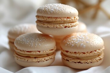 Exquisite macarons with beige filling, handmade, perfect treat for coffee