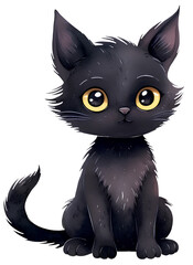 Watercolor illustration of a cute cartoon black cat. Kitten, Pet, Baby animals. Simple, naive style. Transparent background, png