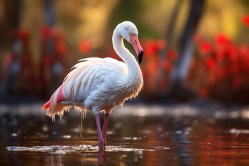 Flamingo are looking for food in wetlands, conservation and sustainability