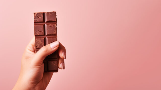Hand holding bar of chocolate isolated on pastel background