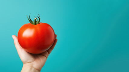 Hand holding tomato fruit isolated on pastel background - obrazy, fototapety, plakaty