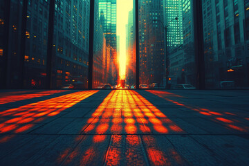 A series of abstract shapes formed by the shadows of skyscrapers on a busy street, highlighting the geometry of urban architecture. Concept of city geometry. Generative Ai.