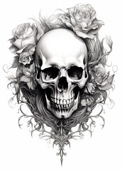 Skull Amidst Roses and Vines