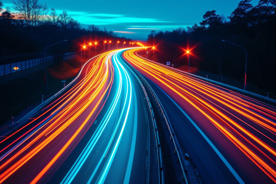 Dynamic streaks of light created by the movement of vehicles on a busy highway at night, symbolizing the constant motion of urban life. Concept of city dynamics. Generative Ai.
