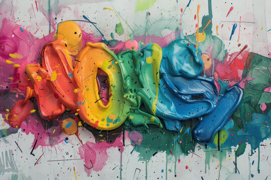 The word art written in acrylic colors. The colors are still wet