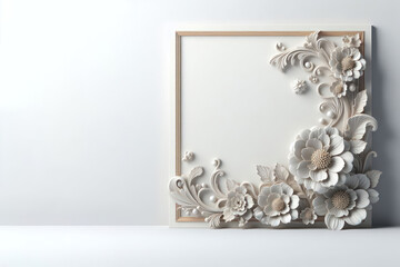 3D illustration of flowers in a frame. Space for text.