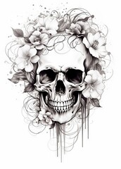 Skull Amidst Roses and Vines