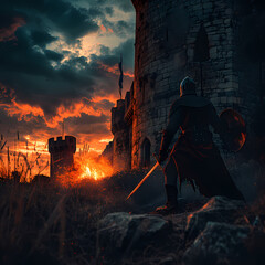Ritter mit Schwert und Rüstung im Sonnenuntergang vor einer Burg - obrazy, fototapety, plakaty