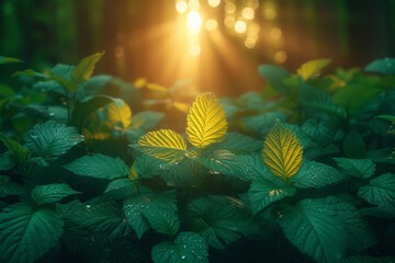 Golden sunlight filtering through dense forest foliage, creating a captivating play of light and shadow. Concept of the enchanting magic of woodlands. Generative Ai.