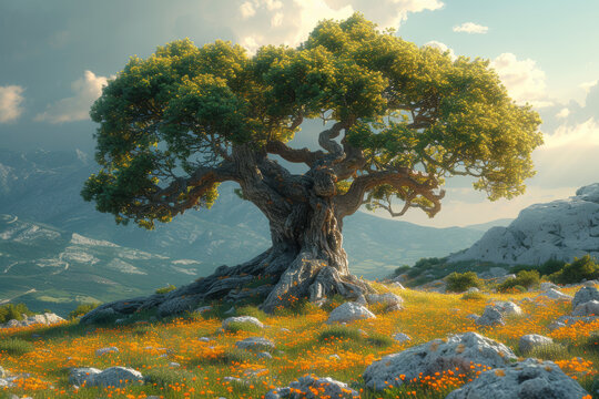 An ancient, gnarled tree standing as a testament to the passage of time and the resilience of nature. Concept of enduring wisdom. Generative Ai.