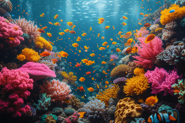 A symphony of colors in a vibrant coral reef, showcasing the rich biodiversity and fragile beauty of underwater ecosystems. Concept of marine diversity. Generative Ai.