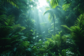 A rainforest canopy alive with exotic birds and lush vegetation, emphasizing the importance of...