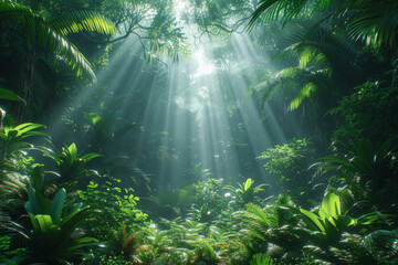 A lush and tropical rainforest with sunlight piercing through the dense canopy, highlighting the vitality and diversity of tropical ecosystems. Concept of rainforest life. Generative Ai.