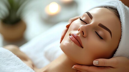 beautifil woman receiving facial massage and relaxing at spa - Powered by Adobe
