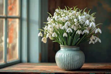 Snowdrops: a fresh bouquet in a decorative vase
