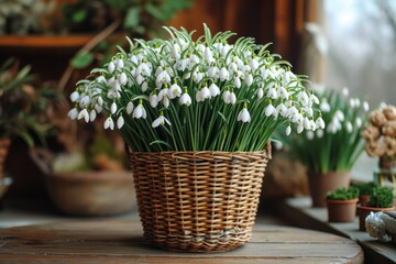 Snowdrops: a magnificent bouquet in a wicker basket