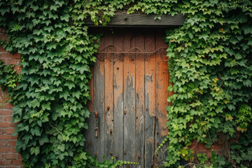 Fototapeta na wymiar Old wooden door in the wall covered with green ivy