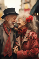 Eccentric and happy couple of eighty-year-olds stroll and hug each other through the streets of the city. Smiling and talking. Concept of enjoying the time