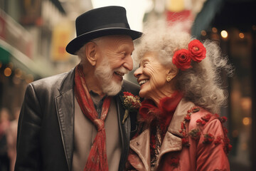 Eccentric and happy couple of eighty-year-olds stroll and hug each other through the streets of the city. Smiling and talking. Concept of enjoying the time - obrazy, fototapety, plakaty