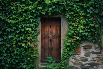Old wooden door in the wall covered with green ivy