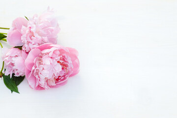 Bouquet of pink peonies on a white wooden background.