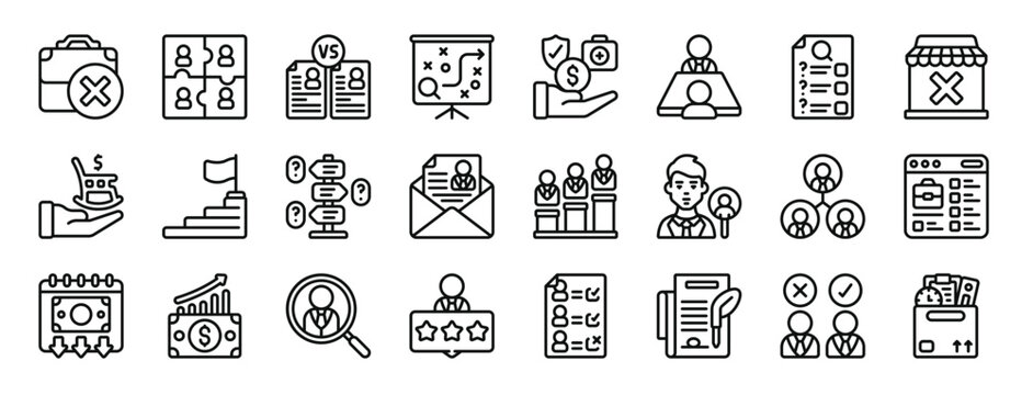 Set Of 24 Outline Web Employment Icons Such As Unemployment, Jigsaw, Comparison, Presentation, Incentive, Job Interview, Questionnaire Vector Icons For Report, Presentation, Diagram, Web Design,