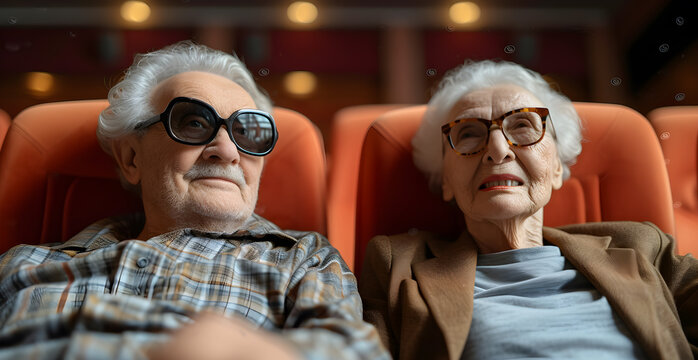 Senior Couple In Movie Theater With Glasses Watching A Movie