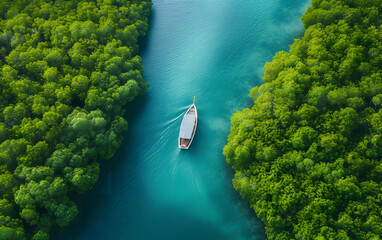 aerial view of a boat sailing through mangrove forest