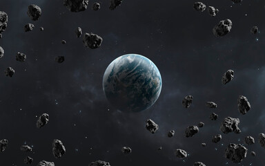 Naklejka premium 3D illustration of Earth in asteroids field - Solar system planets set. High quality digital space art in 5K - realistic visualization