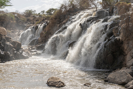 A waterfall into a rocky gorge in the Awash National Park, Ethiopia