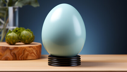 Wooden table with a shiny glass sphere symbolizing innovation and creativity generated by AI