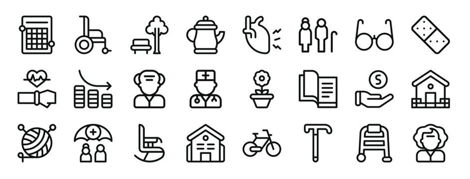 set of 24 outline web old age icons such as bingo, wheelchair, park, teapot, heart attack, elder people, glasses vector icons for report, presentation, diagram, web design, mobile app
