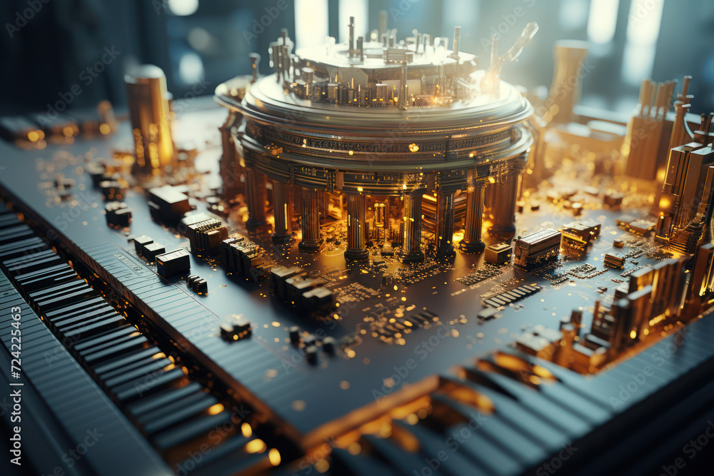 Poster the symphony of technological innovation in banking plays on, echoing a future where creativity and 