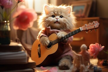 cute fluffy cat playing acoustic guitar in the room - obrazy, fototapety, plakaty