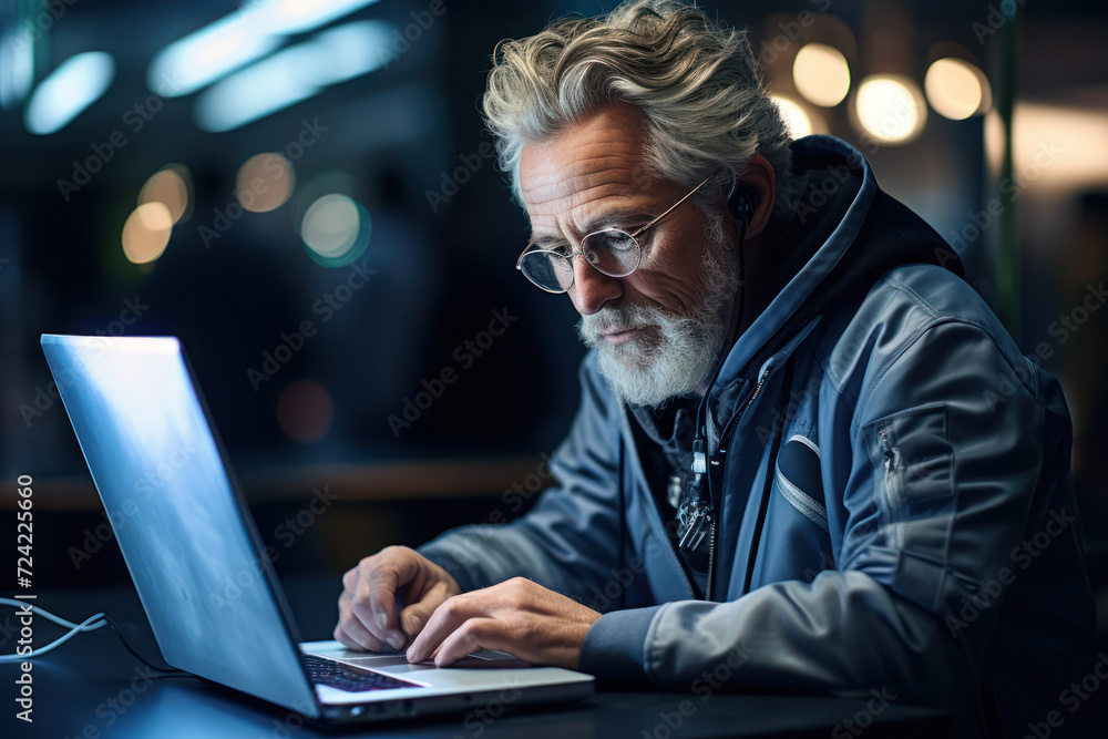 Poster a silver-maned gentleman sits at a computer, engrossed in a coding tutorial, showcasing the modern p