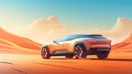 Illustration The modern concept of an electric car is moving through the desert