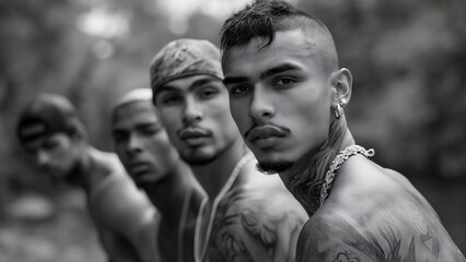 Imagen de pandilleros latinos con tatuajes  - obrazy, fototapety, plakaty
