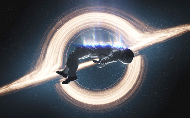 3D illustration of giant Black hole and astronaut in deep space. High quality digital space art in 5K - realistic visualization © Vadimsadovski