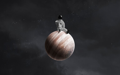 3D illustration of astronaut sitting on Jupiter planet. Solar system. High quality digital space art in 5K - realistic visualization © Vadimsadovski